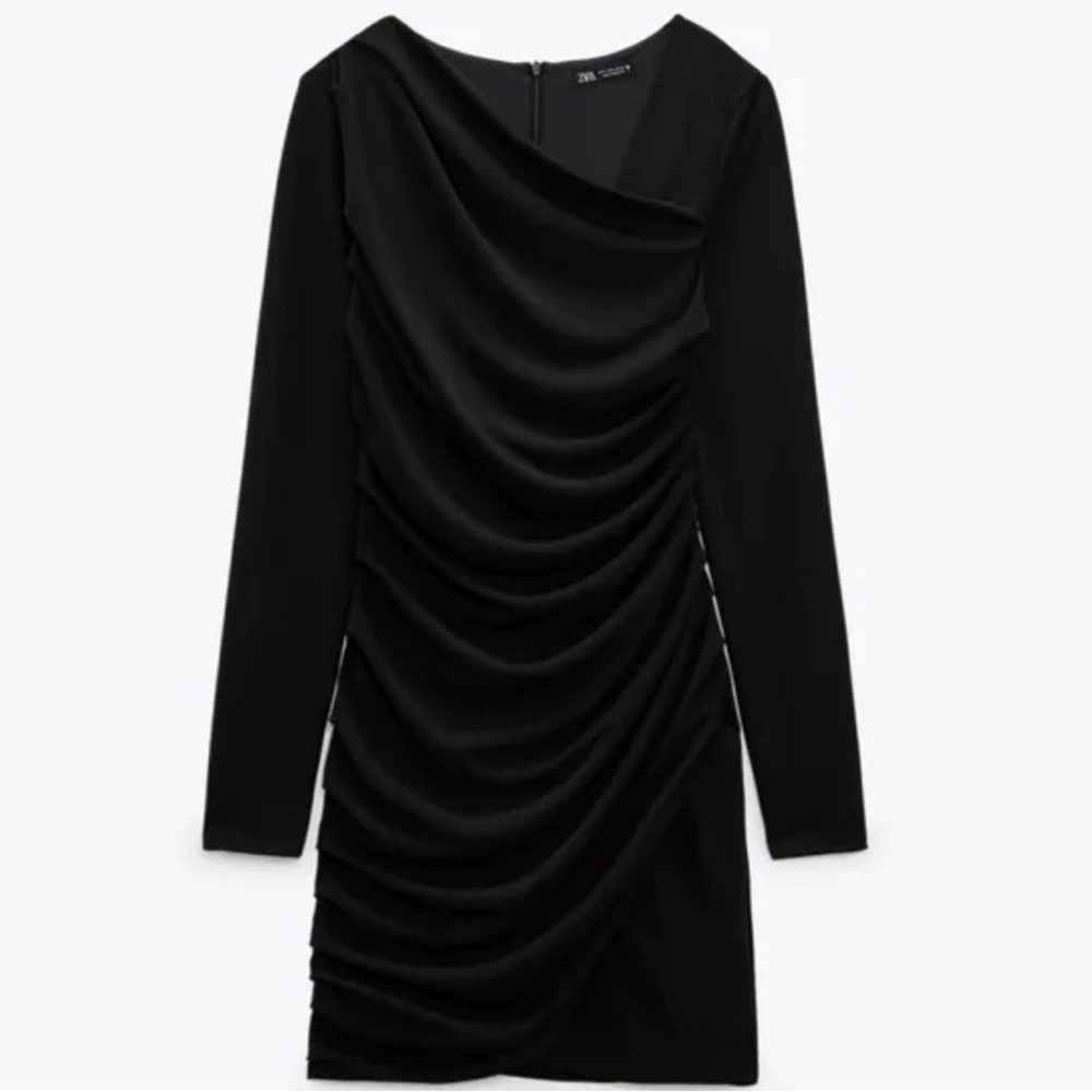 ZARA Draped Asymmetric Black Mini ruched Dress Size M Medium